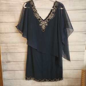 JKARA Women's 10 Hand Beaded Black Chiffon Lace Sheath Cocktail Dress NWT